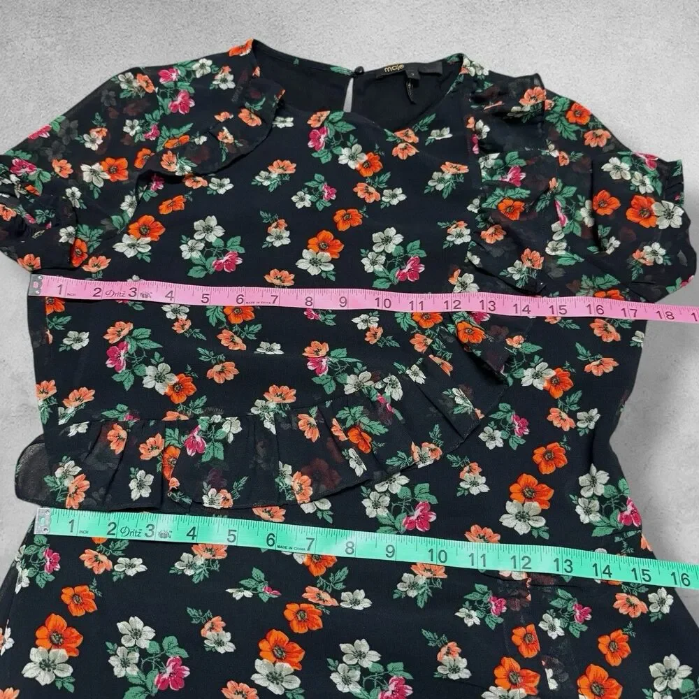 Maje Rancho Ruffle Dress 2 Black Floral Chiffon Midi Whimsigoth Cottagecore - Picture 5 of 10